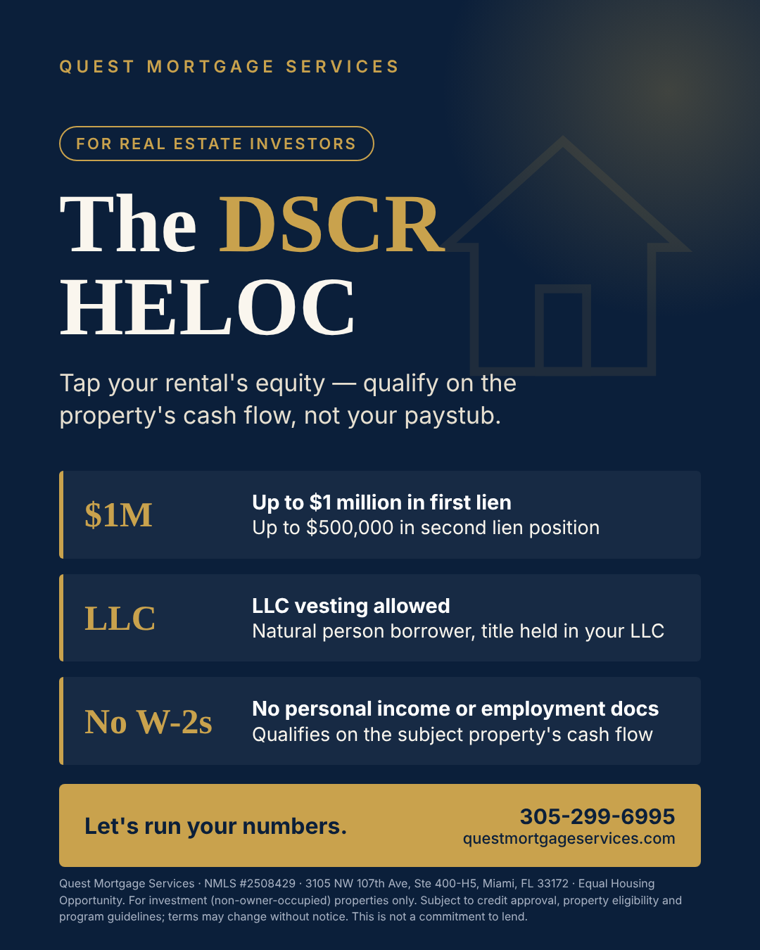 The DSCR HELOC — tap your rental's equity and qualify on the property's cash flow. Up to $1 million first lien, LLC vesting allowed, no W-2s required. Call Quest Mortgage Services at 305-299-6995.